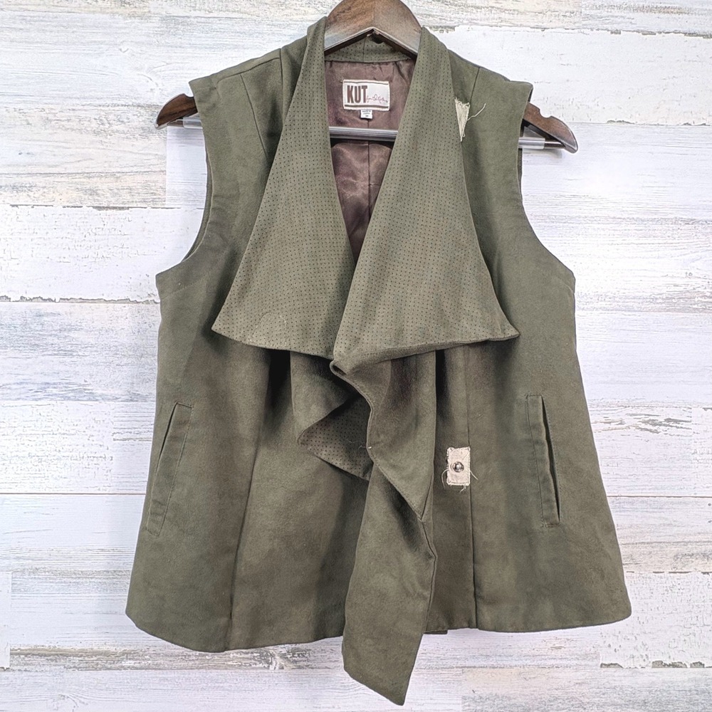 KUT from the Kloth Vest Women Medium Olive Green Draped Faux Suede Utility Chic